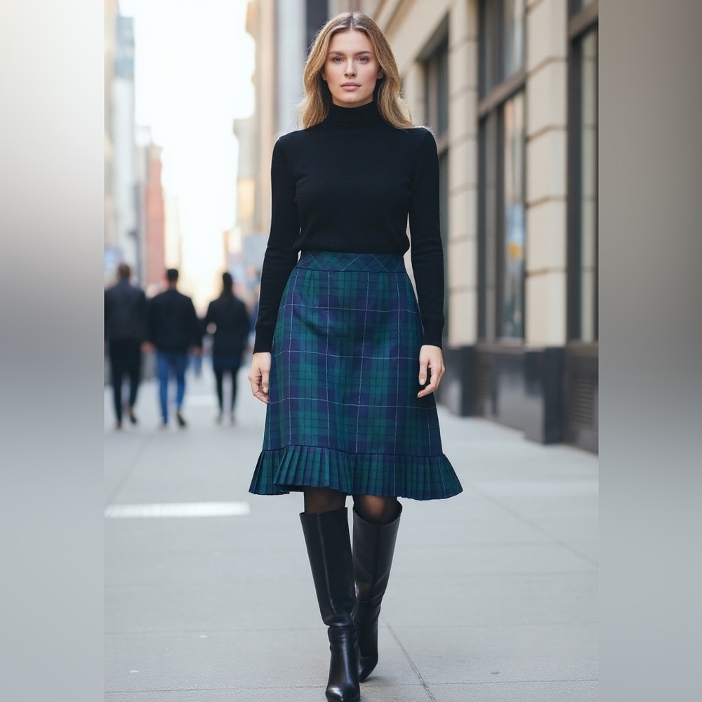 Pendleton 100% Virgin Wool Skirt 12 Green Navy Academia Tartan Check Plaid USA